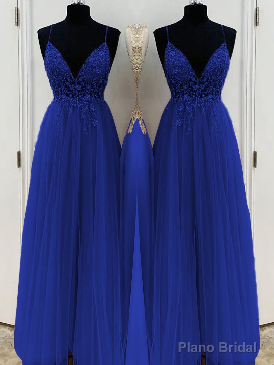 A-Line/Princess V-neck Floor-Length Tulle Prom Dresses With Beading