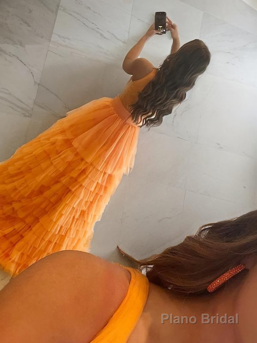 A-Line/Princess V-neck Floor-Length Tulle Prom Dresses With Ruffles Secondary image