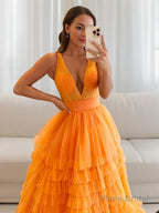 A-Line/Princess V-neck Floor-Length Tulle Prom Dresses With Ruffles