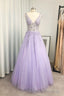 A-line/Princess V Neck Long/Floor-Length Tulle Prom Dresses With Beading Sequins