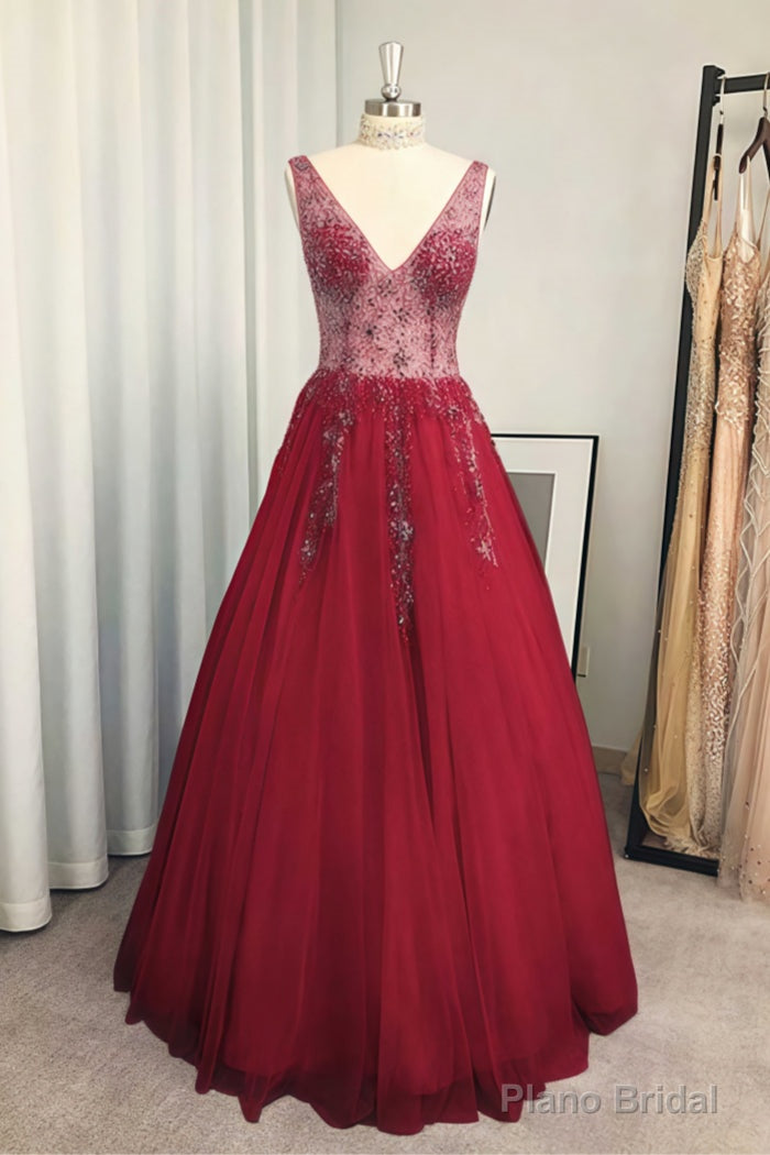 A-line/Princess V Neck Long/Floor-Length Tulle Prom Dresses With Beading Sequins