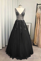 A-line/Princess V Neck Long/Floor-Length Tulle Prom Dresses With Beading Sequins