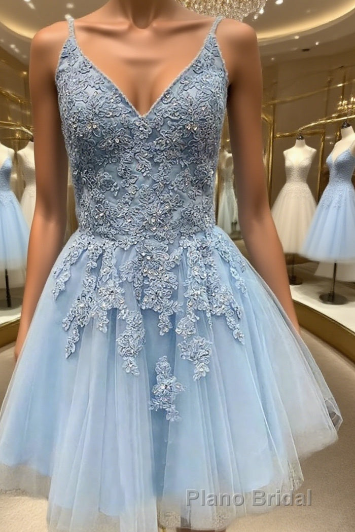 A-Line/Princess V-neck Short/Mini Tulle Homecoming Dresses With Appliques Lace Main image