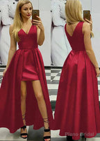 A-line/Princess V Neck Sleeveless Asymmetrical Satin Prom Dresses With Pleated