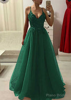 A-line/Princess V Neck Sleeveless Long/Floor-Length Prom Dresses With Appliqued Beading