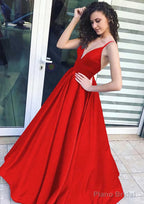 A-line/Princess V Neck Sleeveless Long/Floor-Length Satin Prom Dresses