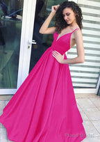 A-line/Princess V Neck Sleeveless Long/Floor-Length Satin Prom Dresses