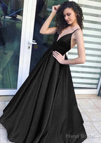 A-line/Princess V Neck Sleeveless Long/Floor-Length Satin Prom Dresses