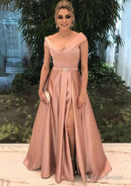 A-line/Princess V Neck Sleeveless Long/Floor-Length Satin Prom Dresses With Split Beading