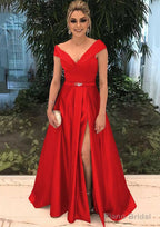 A-line/Princess V Neck Sleeveless Long/Floor-Length Satin Prom Dresses With Split Beading