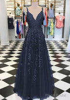 A-line/Princess V Neck Sleeveless Long/Floor-Length Tulle Prom Dresses With Appliqued