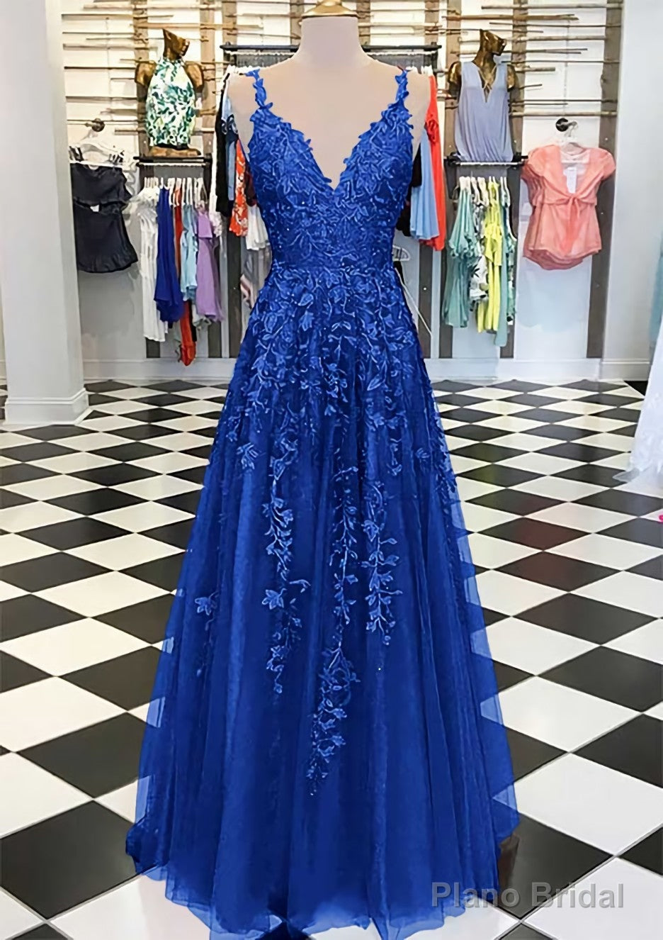 A-line/Princess V Neck Sleeveless Long/Floor-Length Tulle Prom Dresses With Appliqued