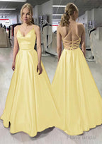 A-line/Princess V Neck Sleeveless Satin Long/Floor-Length Prom Dresses