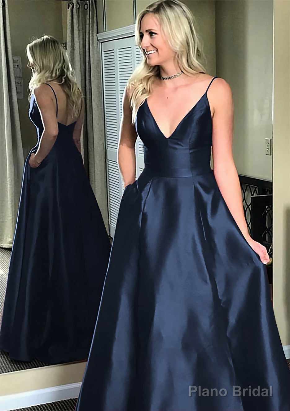 A-line/Princess V Neck Sleeveless Sweep Train Satin Prom Dresses