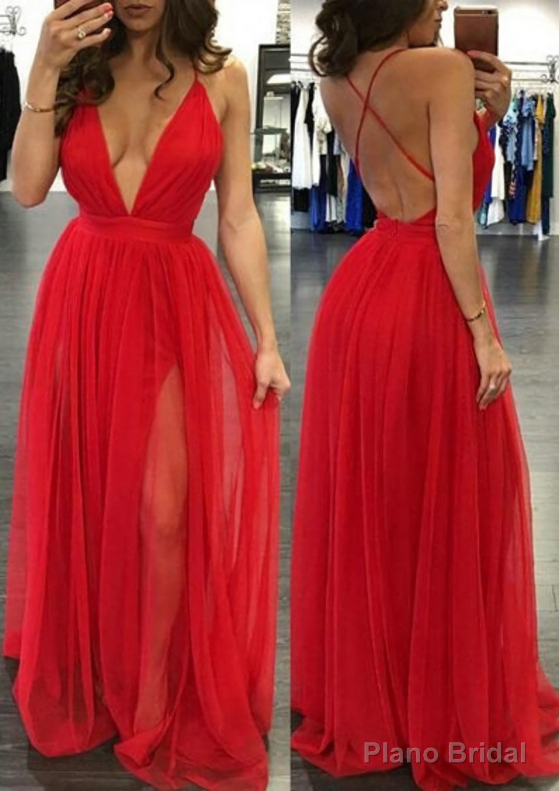 A-line/Princess V Neck Sleeveless Sweep Train Tulle Prom Dresses