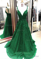 A-line/Princess V Neck Sleeveless Sweep Train Tulle Prom Dresses With Appliqued