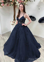 A-line Princess V Neck Sleeveless Sweep Train Tulle Prom Dresses With Appliqued Beading Lace