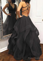 A-line Princess V Neck Sleeveless Tulle Long/Floor-Length Prom Dresses With Pleated