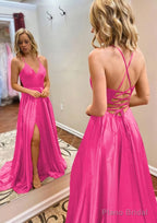 A-line Princess V Neck Sweep Train Charmeuse Prom Dresses With Split