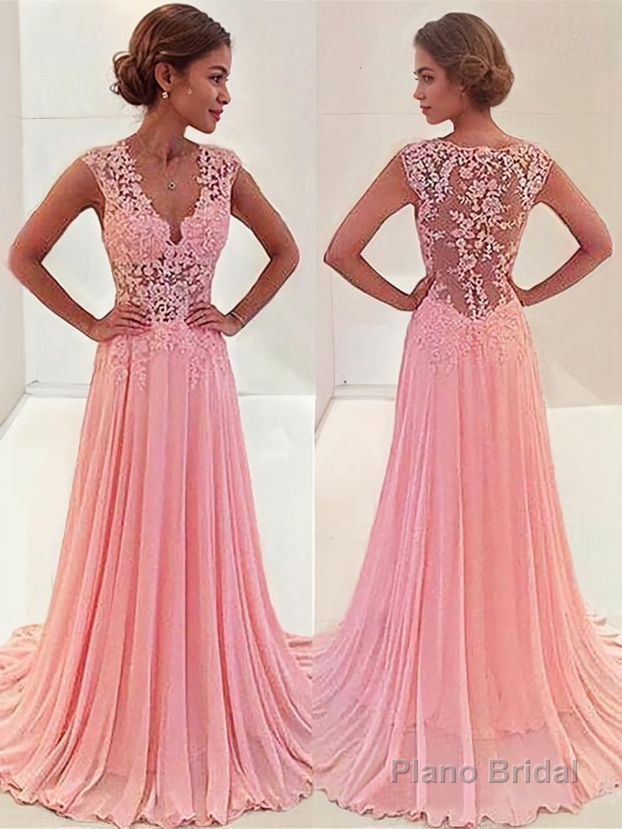 A-Line/Princess V-neck Sweep Train Chiffon Prom Dresses With Appliques Lace Main image