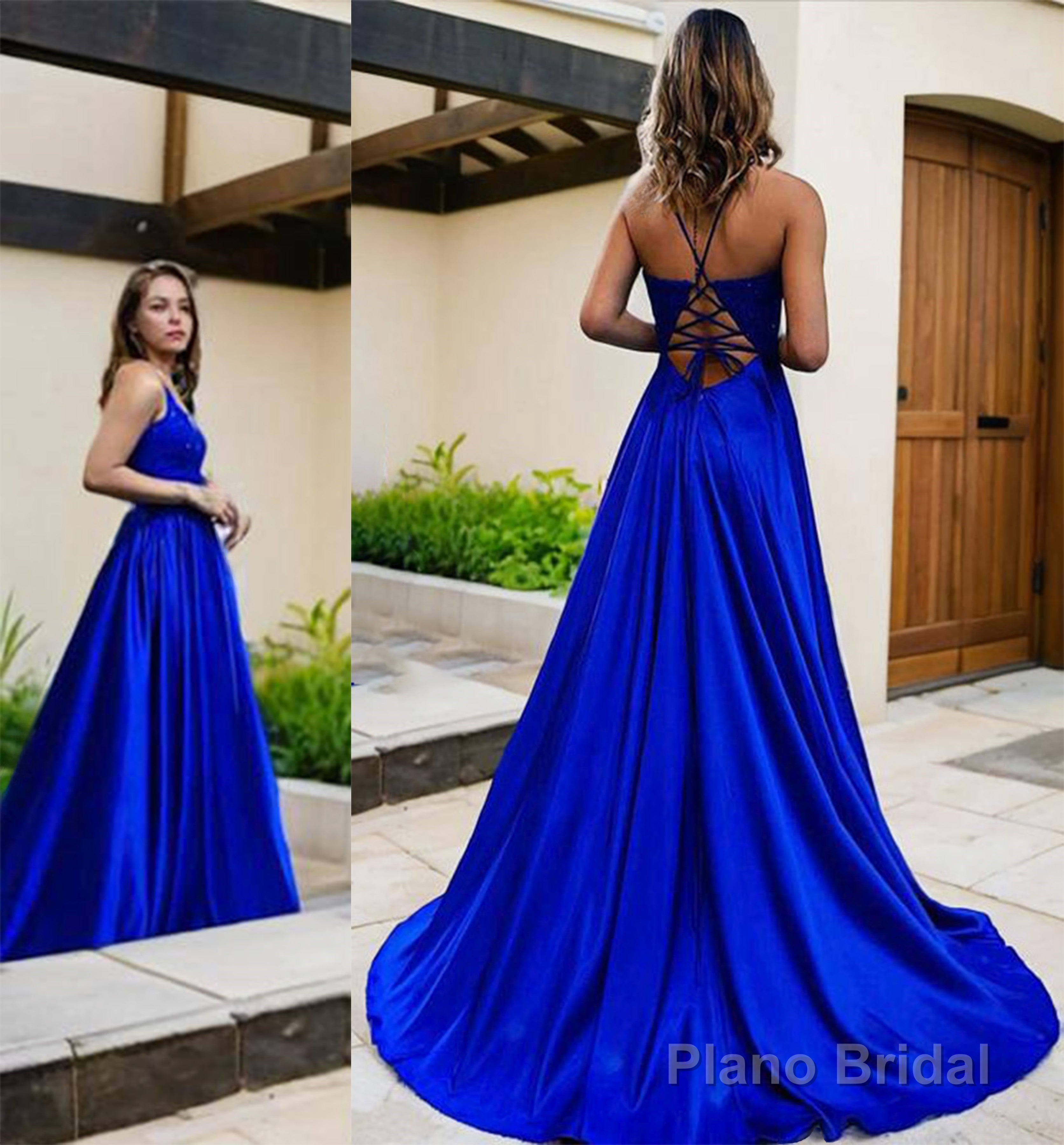 A-Line/Princess V-neck Sweep Train Elastic Woven Satin Prom Dresses With Pockets Secondary image