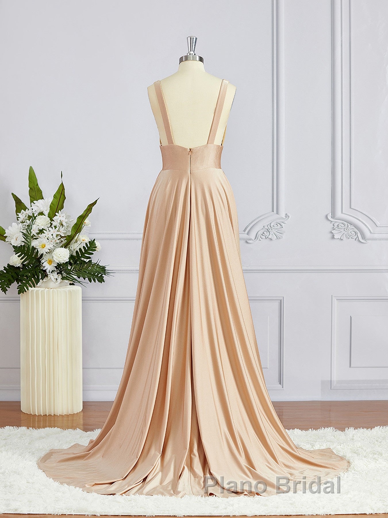A-Line/Princess V-neck Sweep Train Jersey Bridesmaid Dresses with Leg Slit
