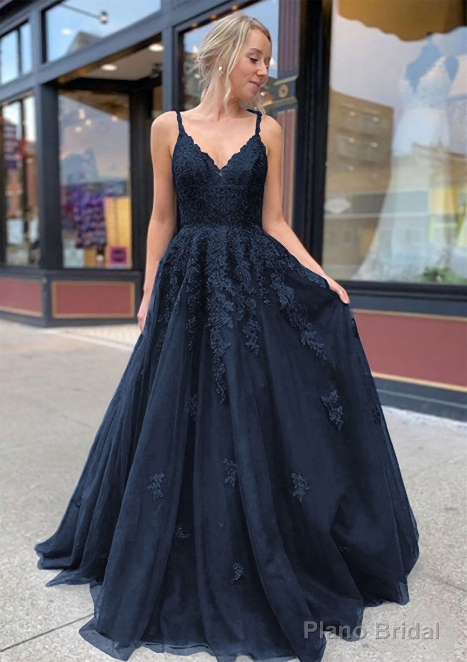 A-line/Princess V Neck Sweep Train Lace Prom Dresses Secondary image