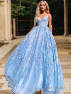 A-Line/Princess V-neck Sweep Train Lace Prom Dresses With Appliques Lace