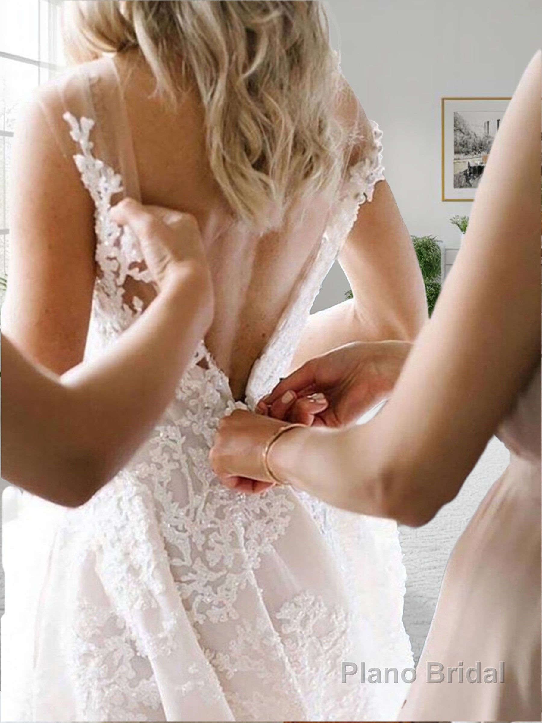 A-Line/Princess V-neck Sweep Train Lace Wedding Dresses With Appliques Lace Secondary image