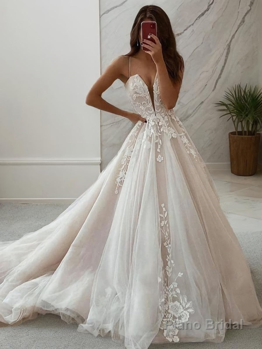 A-Line/Princess V-neck Sweep Train Lace Wedding Dresses With Appliques Lace Main image