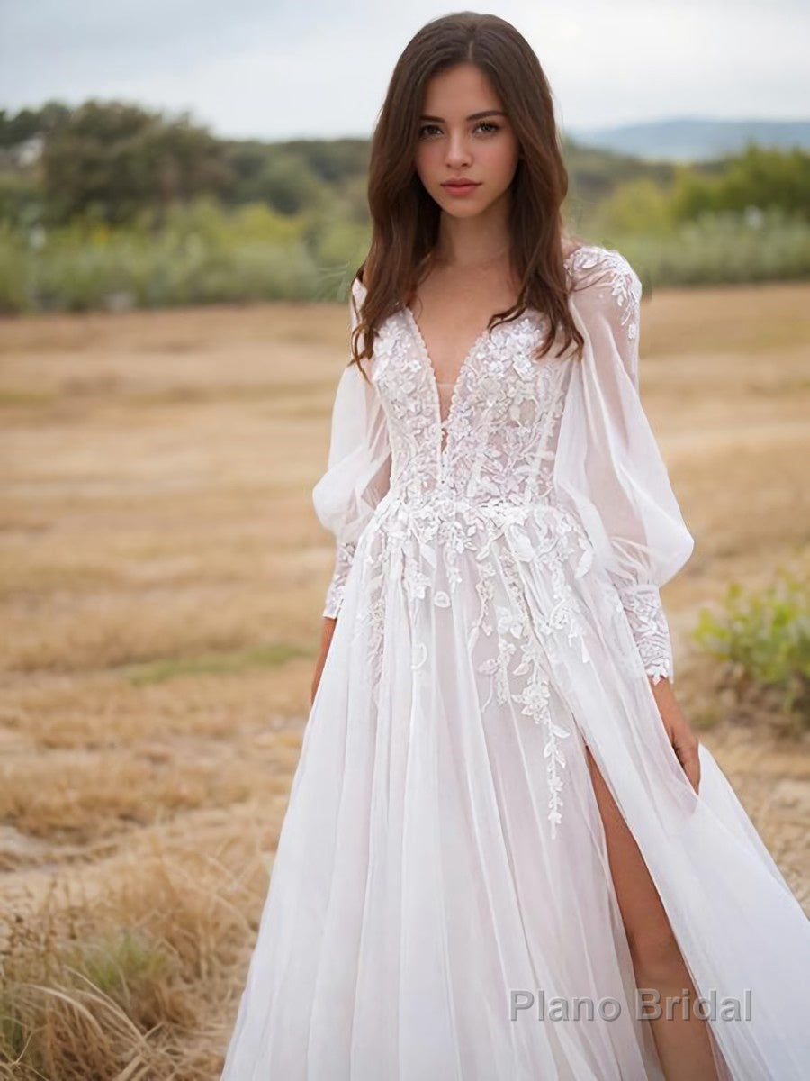 A-Line/Princess V-neck Sweep Train Lace Wedding Dresses With Leg Slit Main image