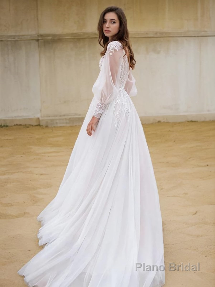 A-Line/Princess V-neck Sweep Train Lace Wedding Dresses With Leg Slit Secondary image