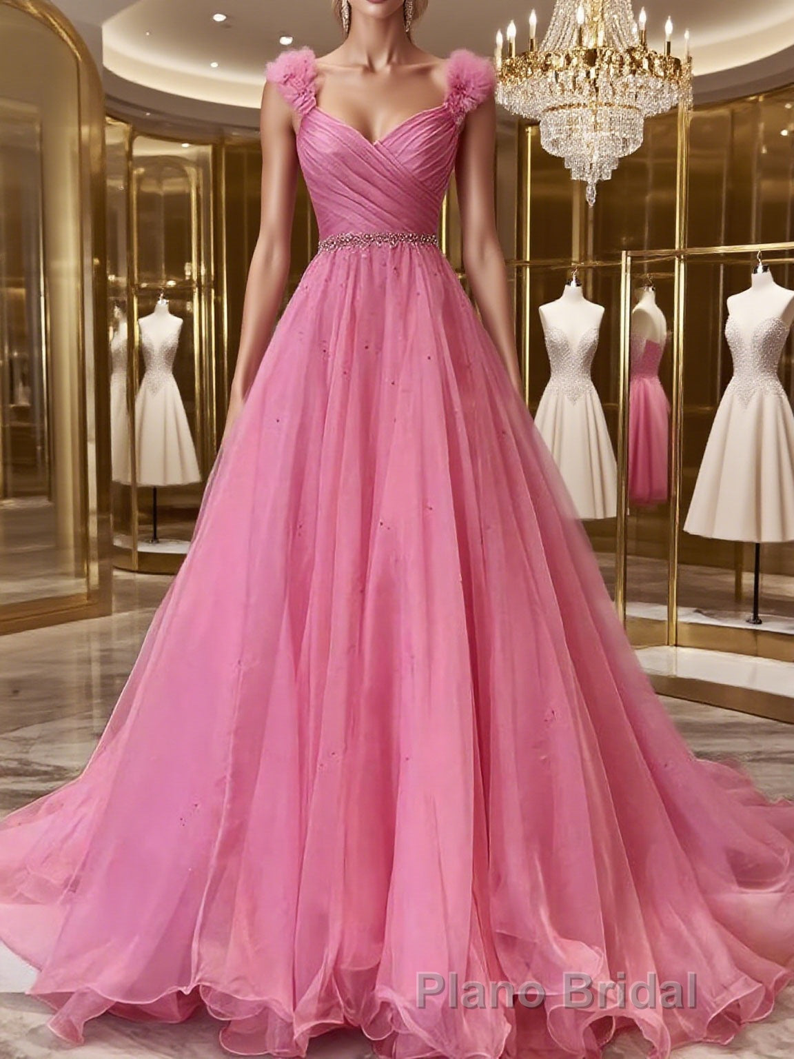A-Line/Princess V-neck Sweep Train Organza Formal Prom Dresses With Ruffles Main image