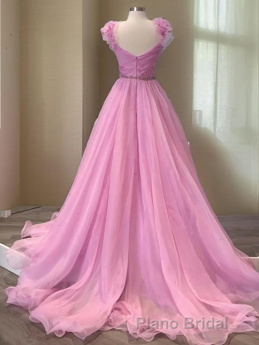 A-Line/Princess V-neck Sweep Train Organza Formal Prom Dresses With Ruffles Secondary image