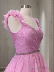 A-Line/Princess V-neck Sweep Train Organza Formal Prom Dresses With Ruffles