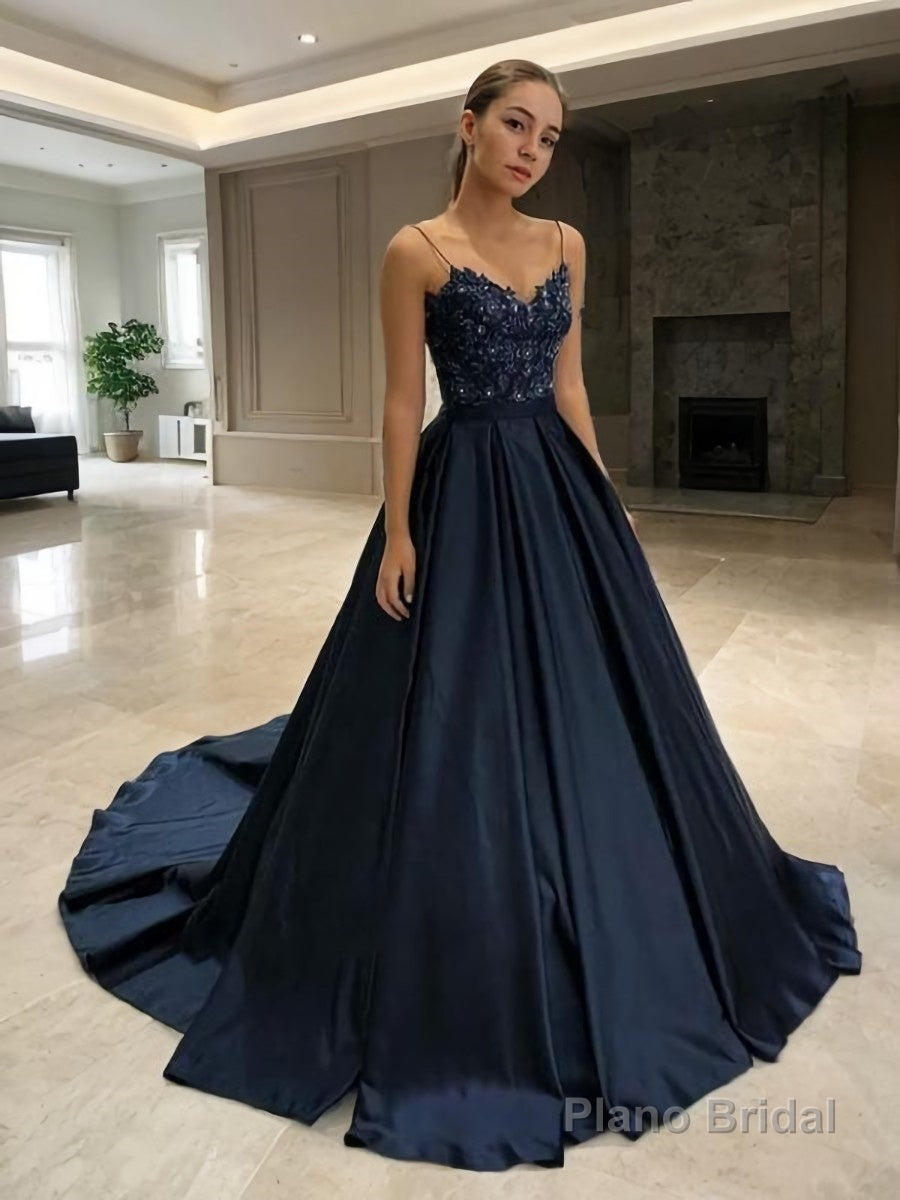 A-Line/Princess V-neck Sweep Train Satin Prom Dresses With Appliques Lace Main image