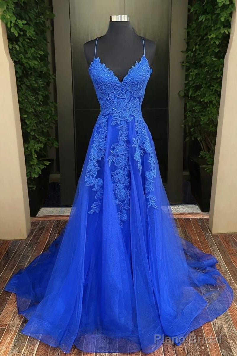 A-Line/Princess V-neck Sweep Train Tulle Evening Dresses With Appliques Lace Main image