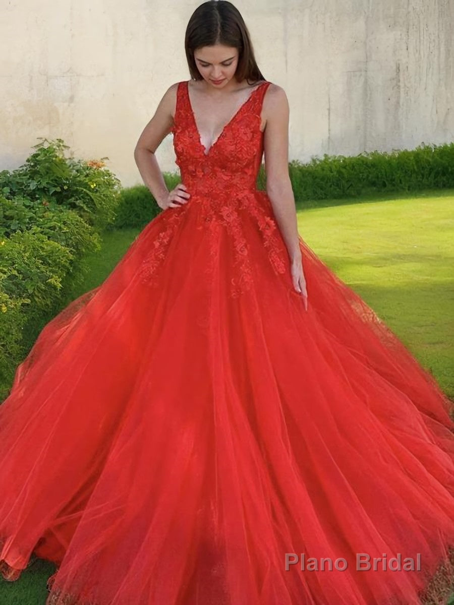 A-Line/Princess V-neck Sweep Train Tulle Evening Dresses With Appliques Lace Main image