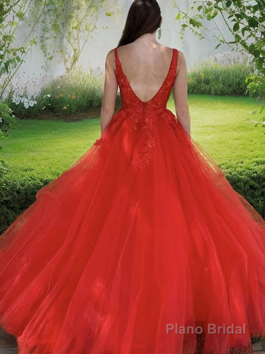 A-Line/Princess V-neck Sweep Train Tulle Evening Dresses With Appliques Lace Secondary image