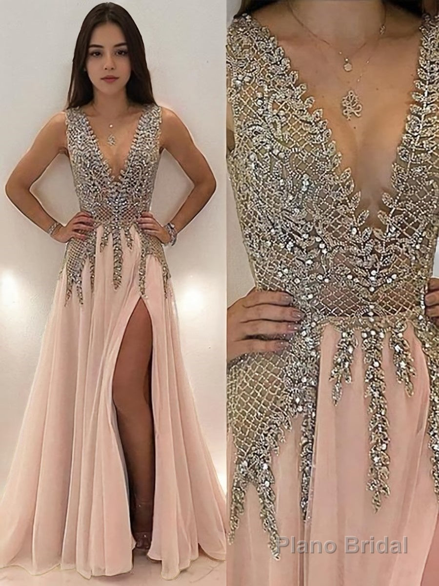 A-Line/Princess V-neck Sweep Train Tulle Evening Dresses With Leg Slit Main image