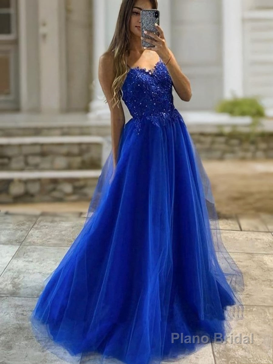 A-Line/Princess V-neck Sweep Train Tulle Prom Dresses With Appliques Lace Main image