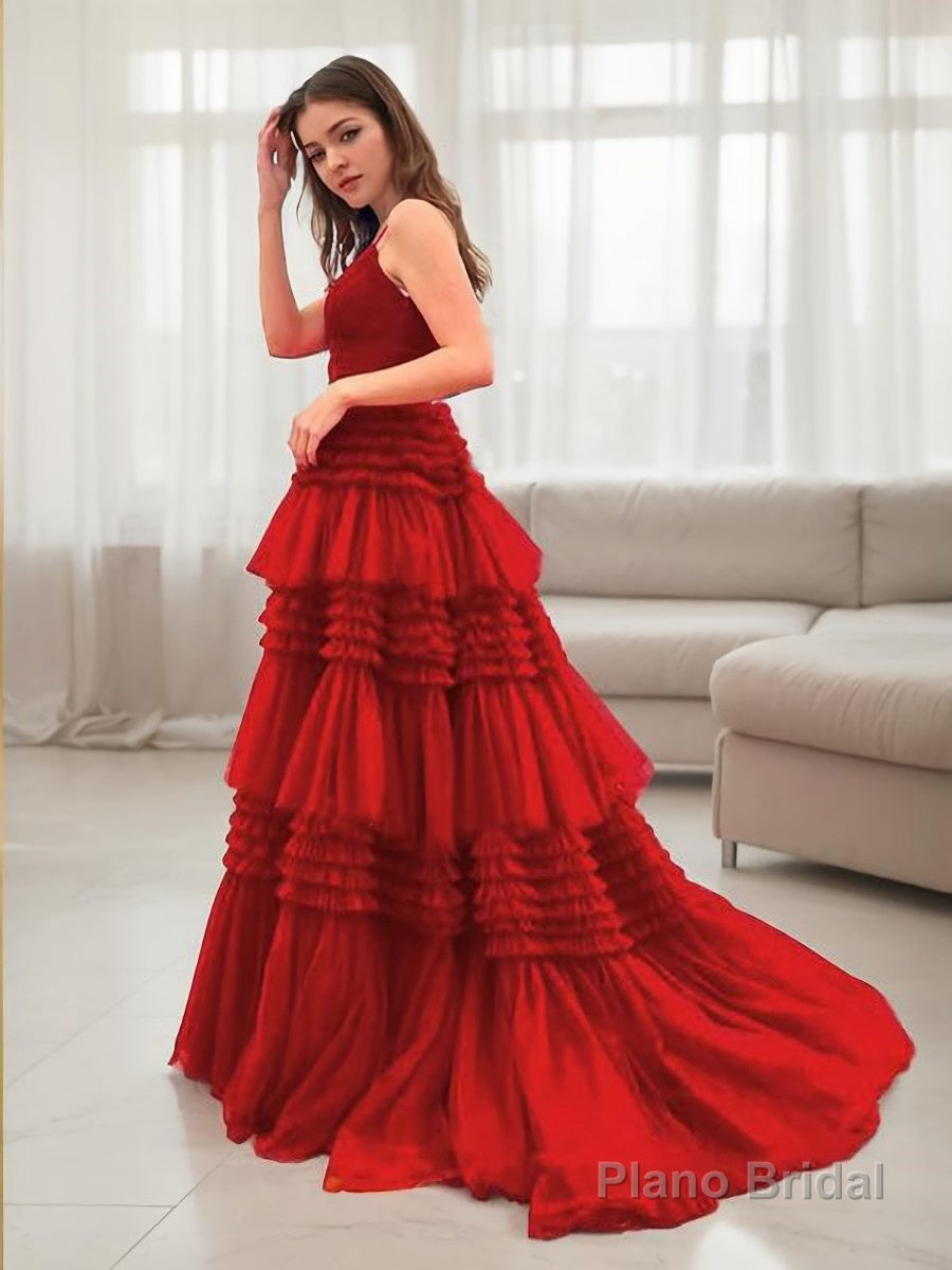 A-Line/Princess V-neck Sweep Train Tulle Prom Dresses With Leg Slit Secondary image