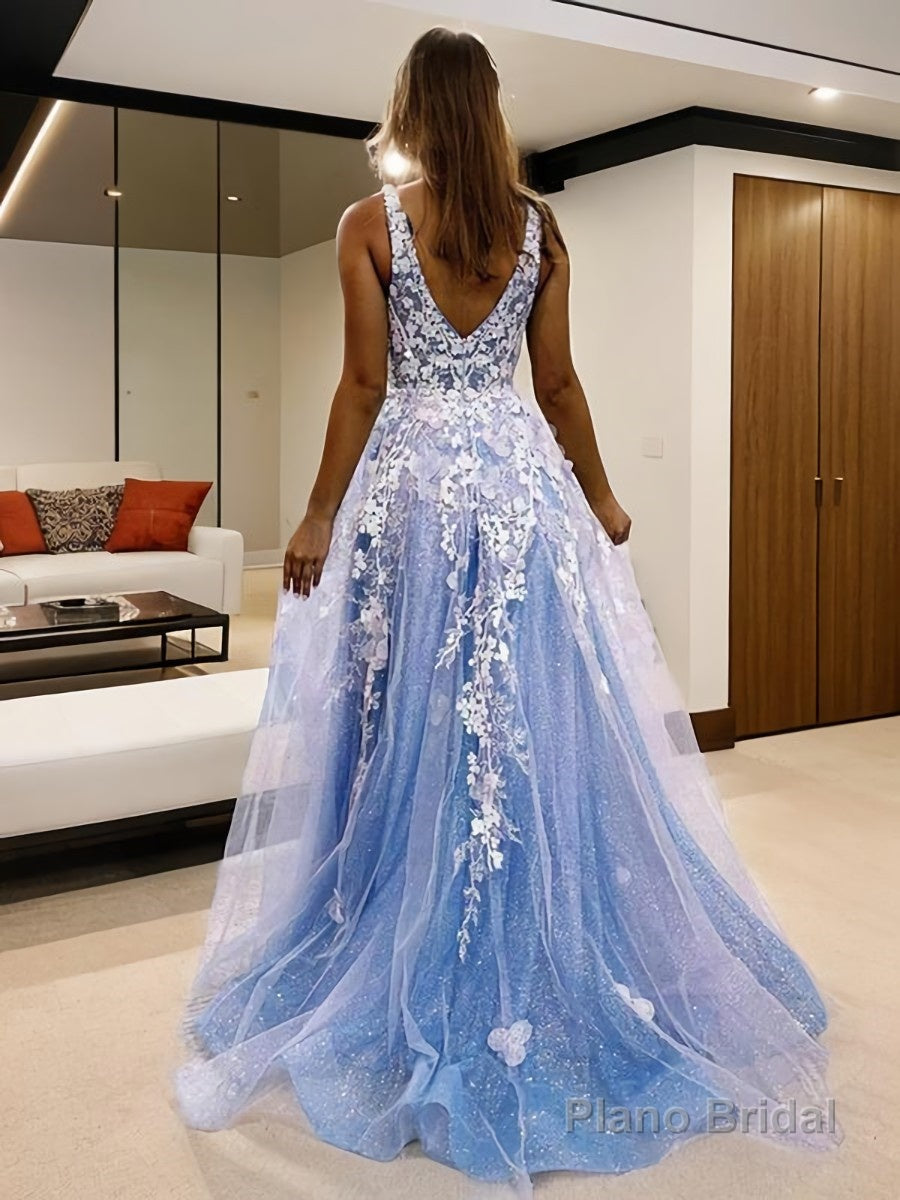 A-Line/Princess V-neck Sweep Train Tulle Prom Dresses With Leg Slit Secondary image