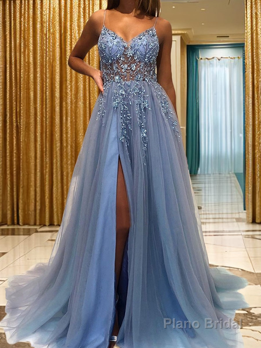 A-Line/Princess V-neck Sweep Train Tulle Prom Dresses With Leg Slit Main image