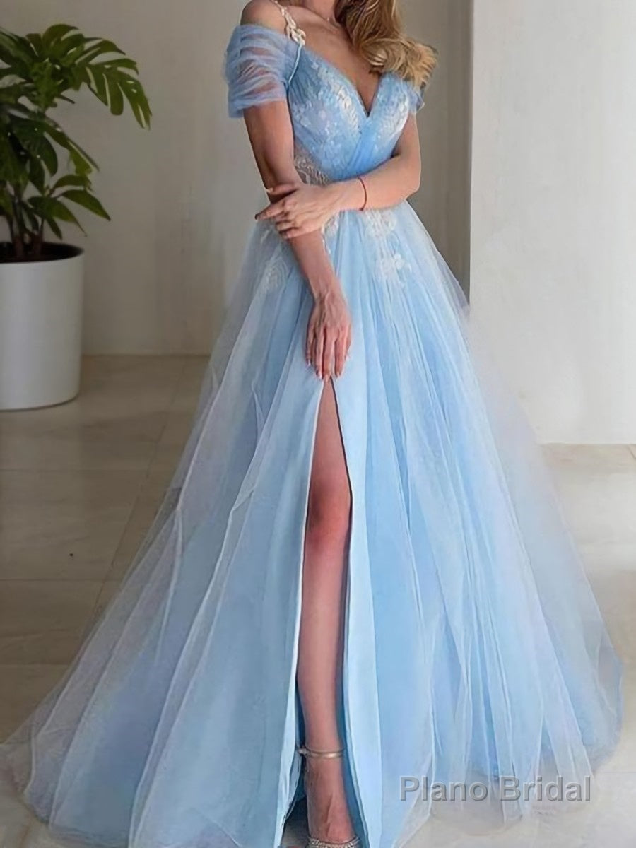 A-Line/Princess V-neck Sweep Train Tulle Prom Dresses With Leg Slit Main image