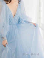 A-Line/Princess V-neck Sweep Train Tulle Formal Prom Dresses With Ruffles