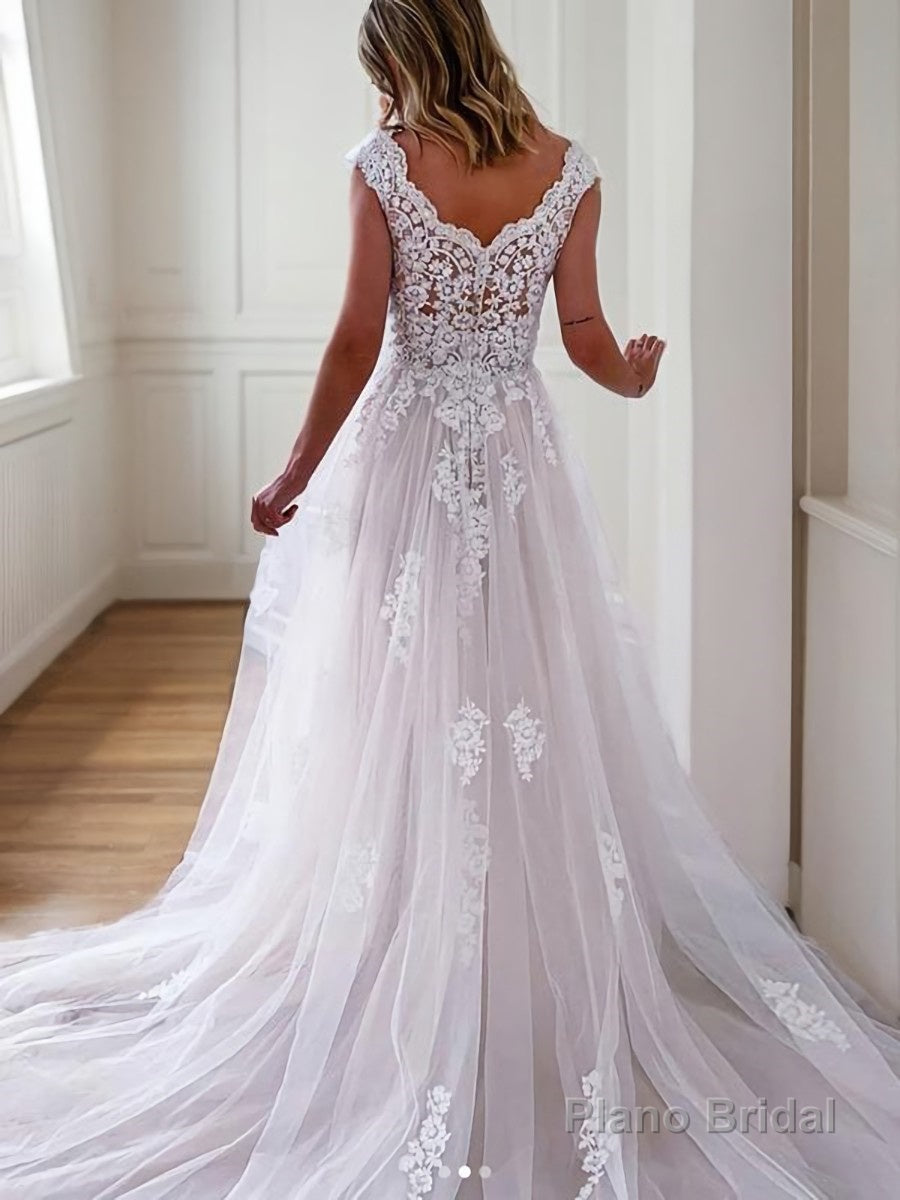 A-Line/Princess V-neck Sweep Train Tulle Wedding Dresses Secondary image