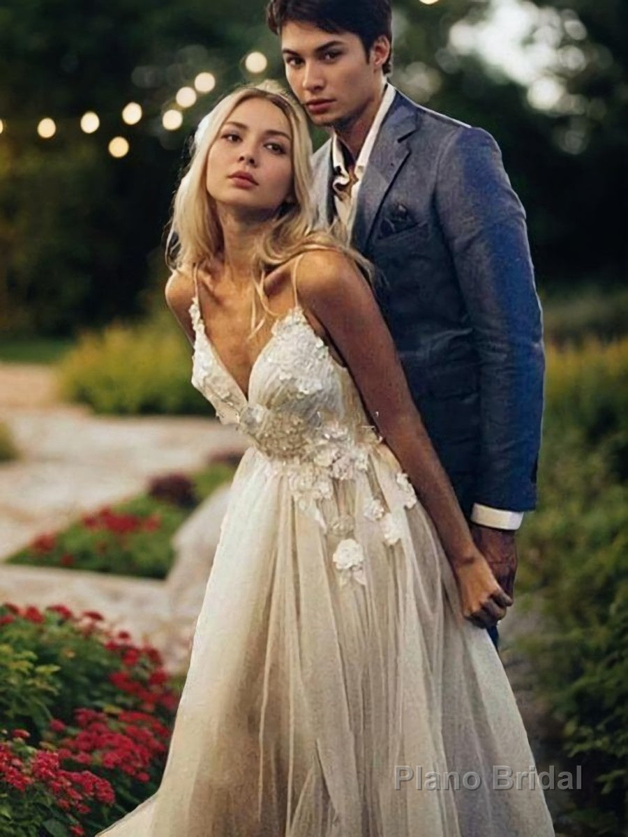 A-Line/Princess V-neck Sweep Train Tulle Wedding Dresses With Appliques Lace Main image