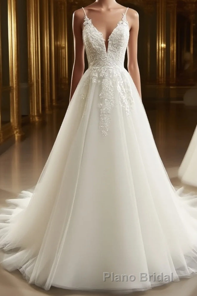A-Line/Princess V-neck Sweep Train Tulle Wedding Dresses With Appliques Lace Main image