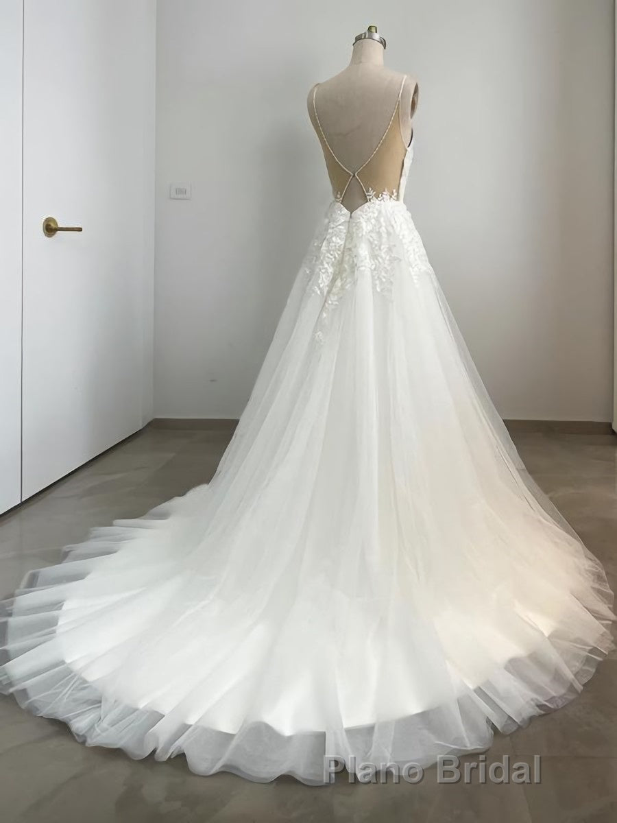 A-Line/Princess V-neck Sweep Train Tulle Wedding Dresses With Appliques Lace Secondary image